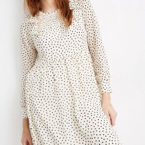 Madewell EUC Women's Smocked Creme Ruffled Chiffon Midi Polka Dot Dress SZ Large